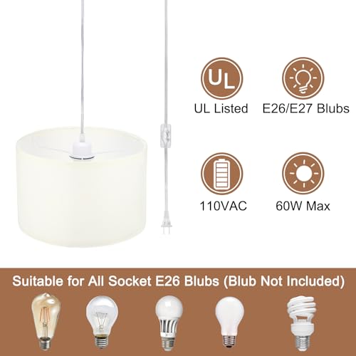 15Ft Rope Cord Hanging Lamp Fixture with On/Off Switch, White C93463