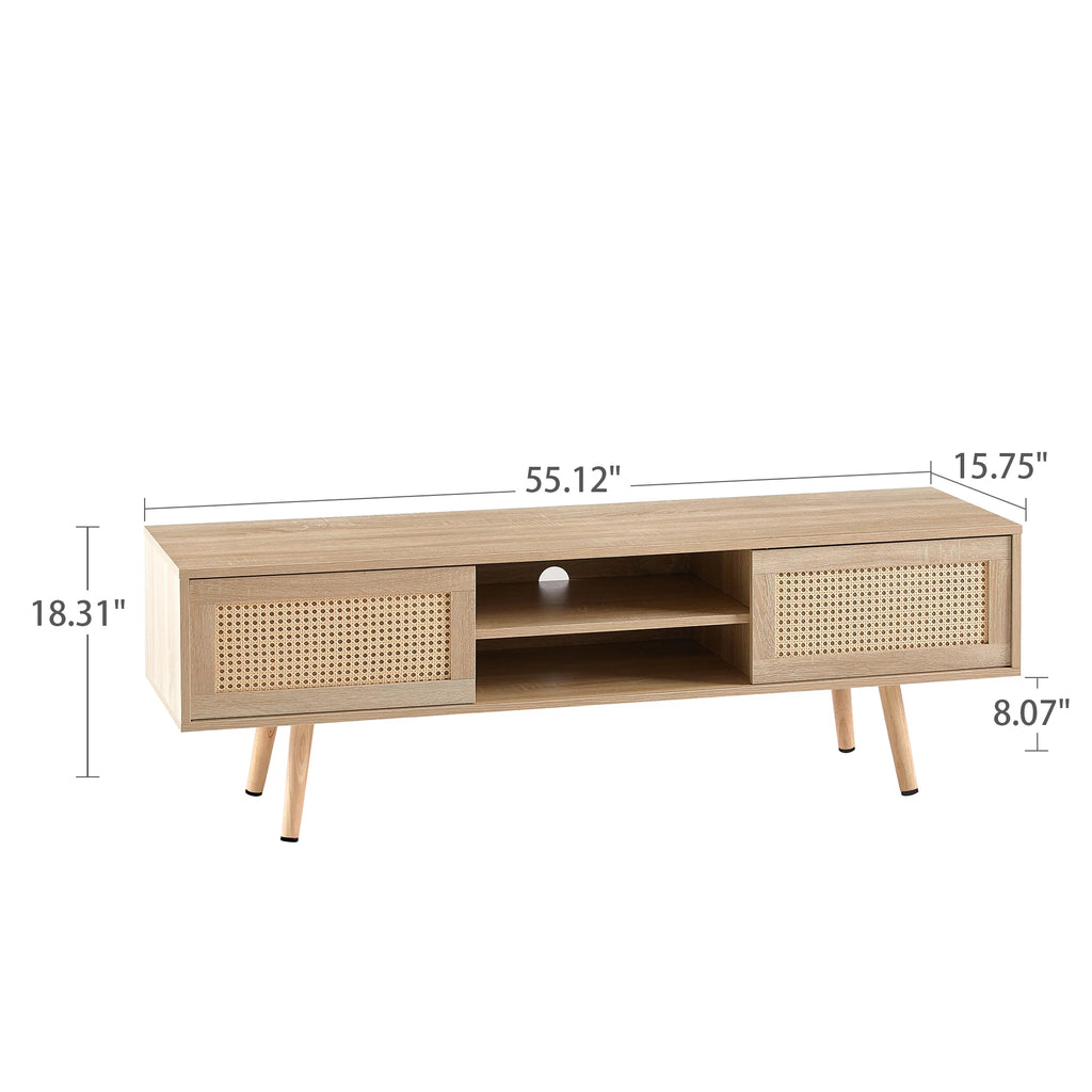 55.12" Rattan TV Cabinet with Sliding Doors and Adjustable Shelf V6633