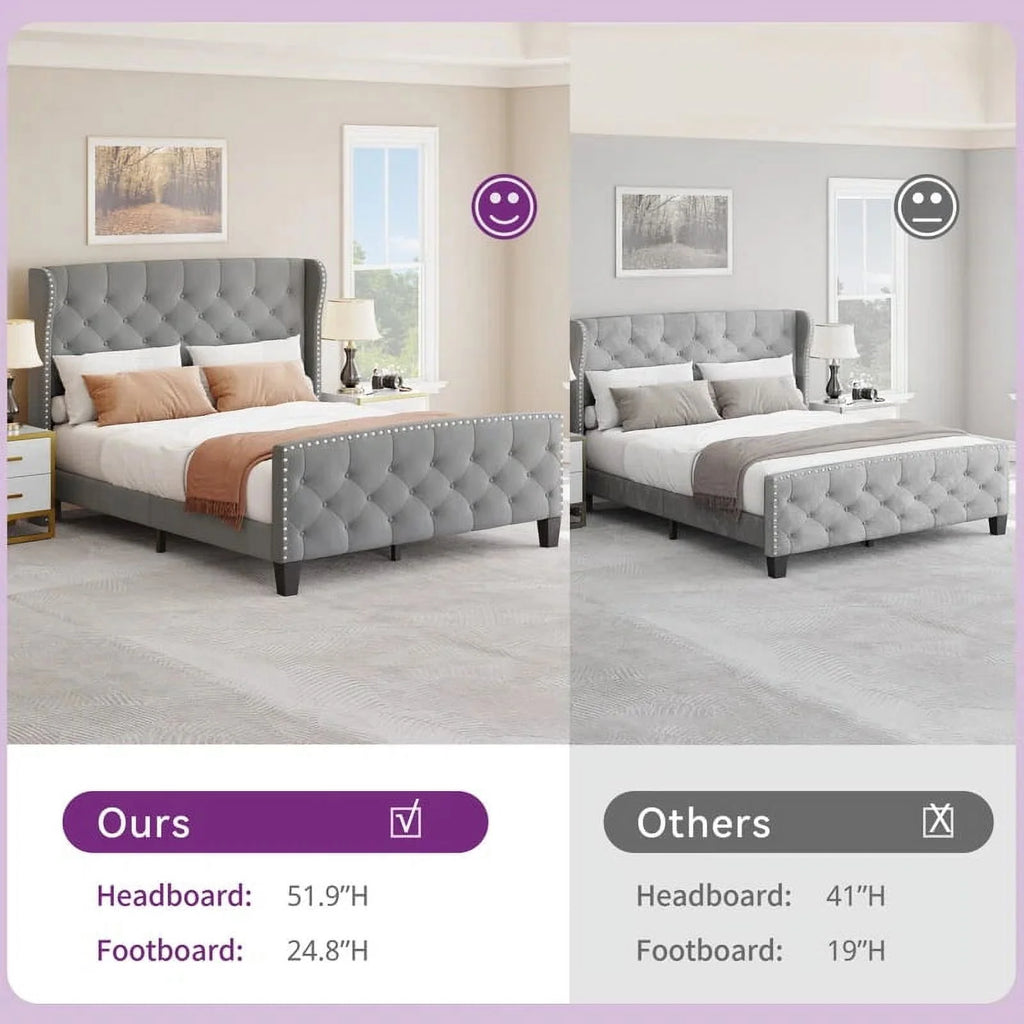 Queen Size Grey Velvet Upholstered Platform Bed Frame L575469