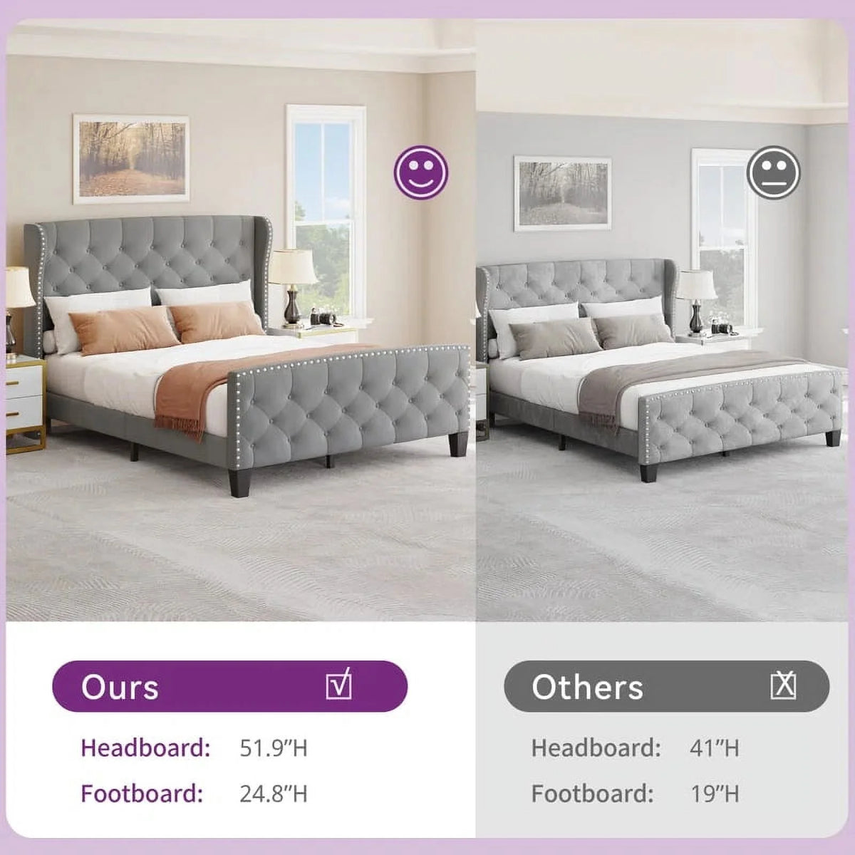 Queen Size Grey Velvet Upholstered Platform Bed Frame L575469