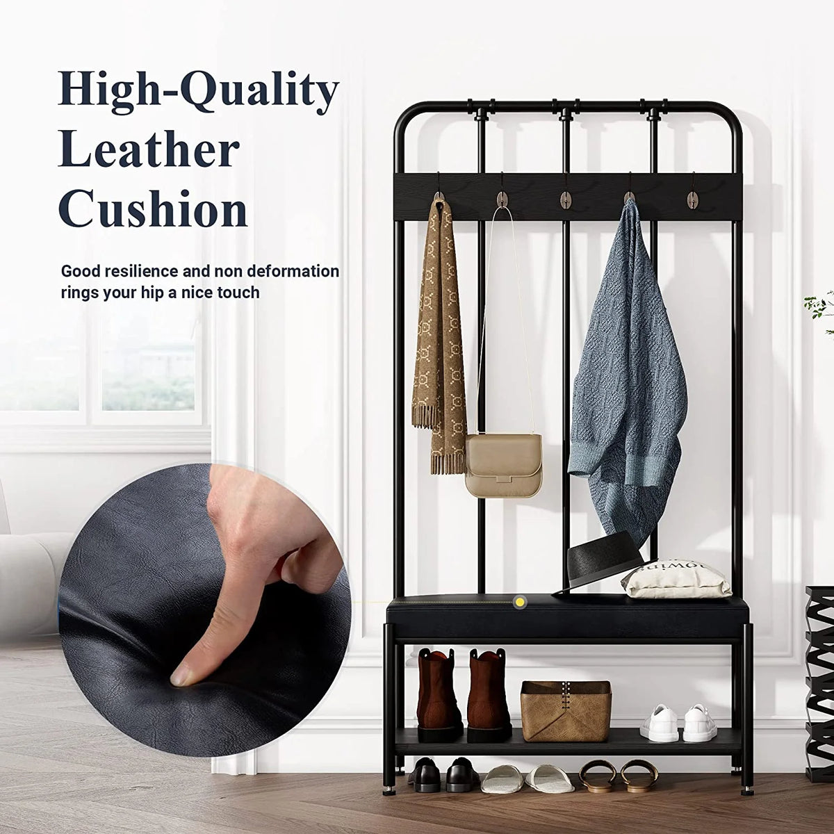 Black Freestanding Hall Tree with Storage Shelves T117
