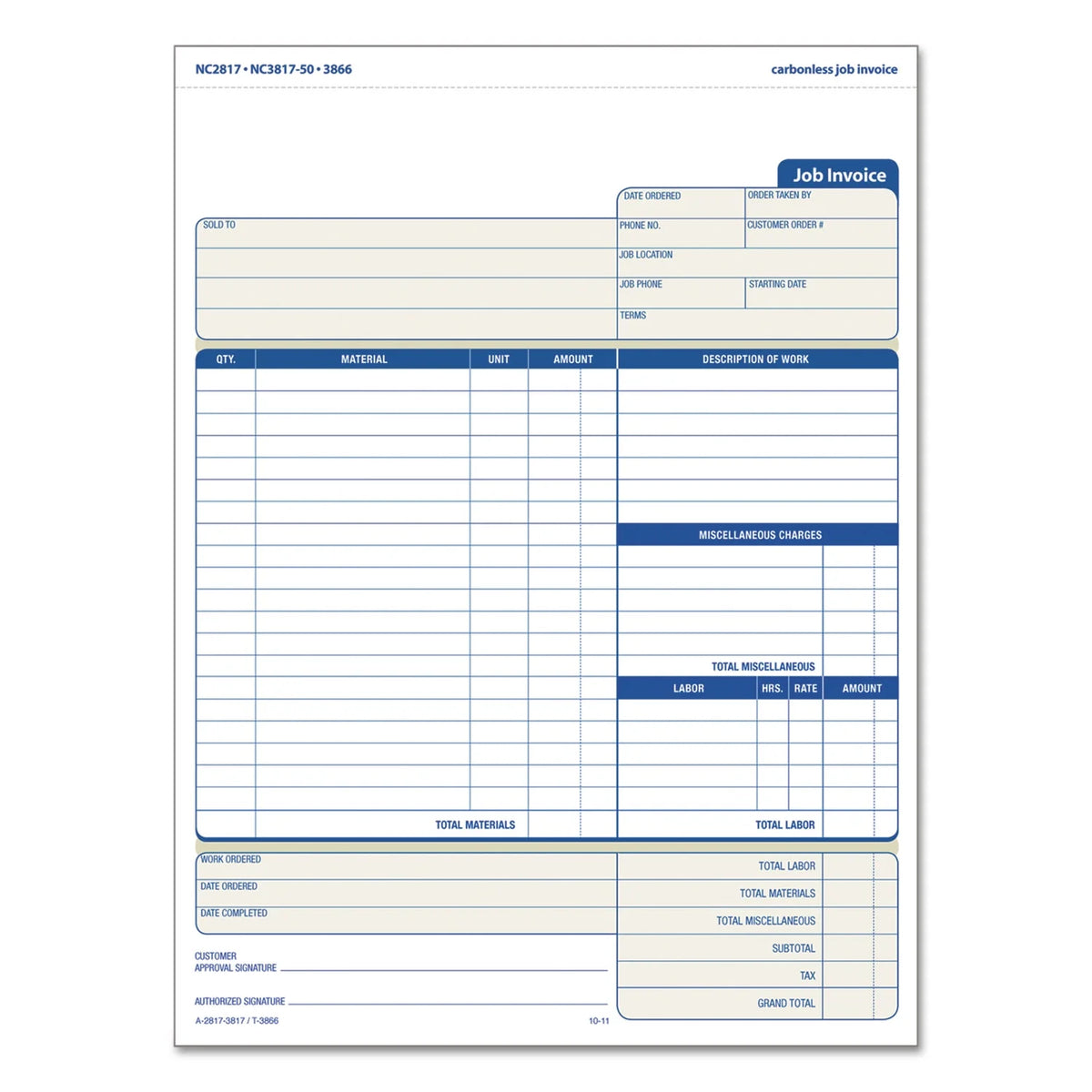 Three-Part Carbonless Job Invoice Forms, 50 / Pack V900