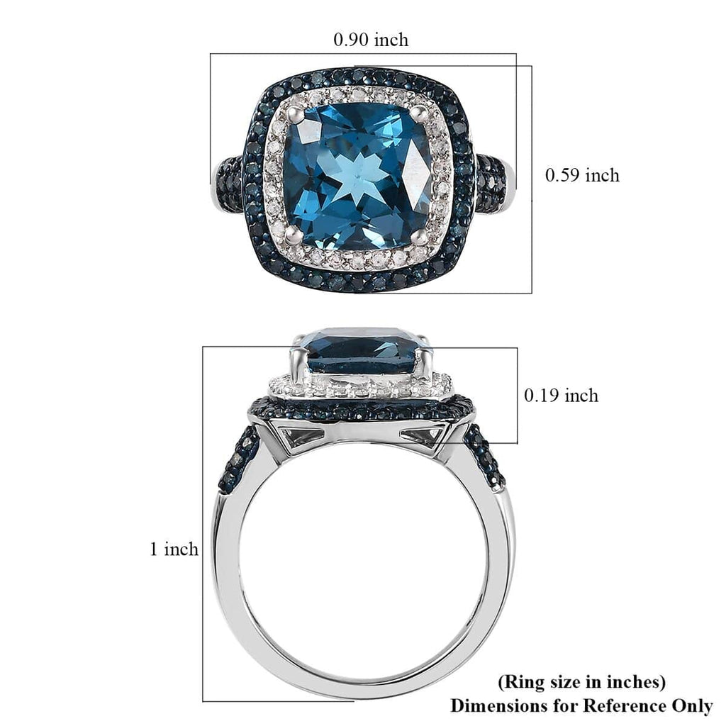 Blue Topaz Blue Diamond Cushion 925 Sterling Silver Platinum Plated Cocktail Ring Size 9 M747