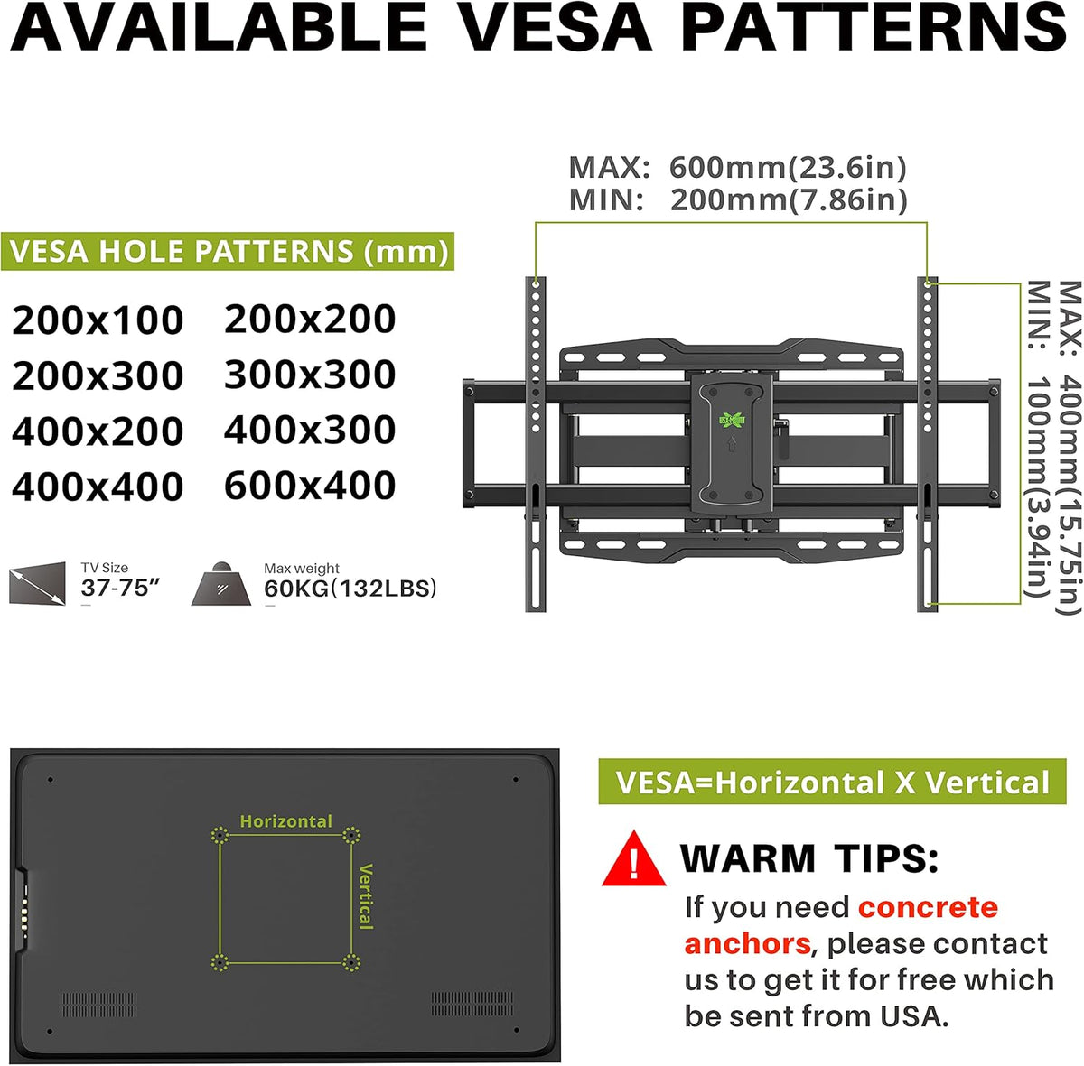 Full Motion TV Wall Mount for 37-75 inch TV, Up to 132lbs, Dual Articulating Arms, Max VESA 600x400mm, Pack of 2 S626