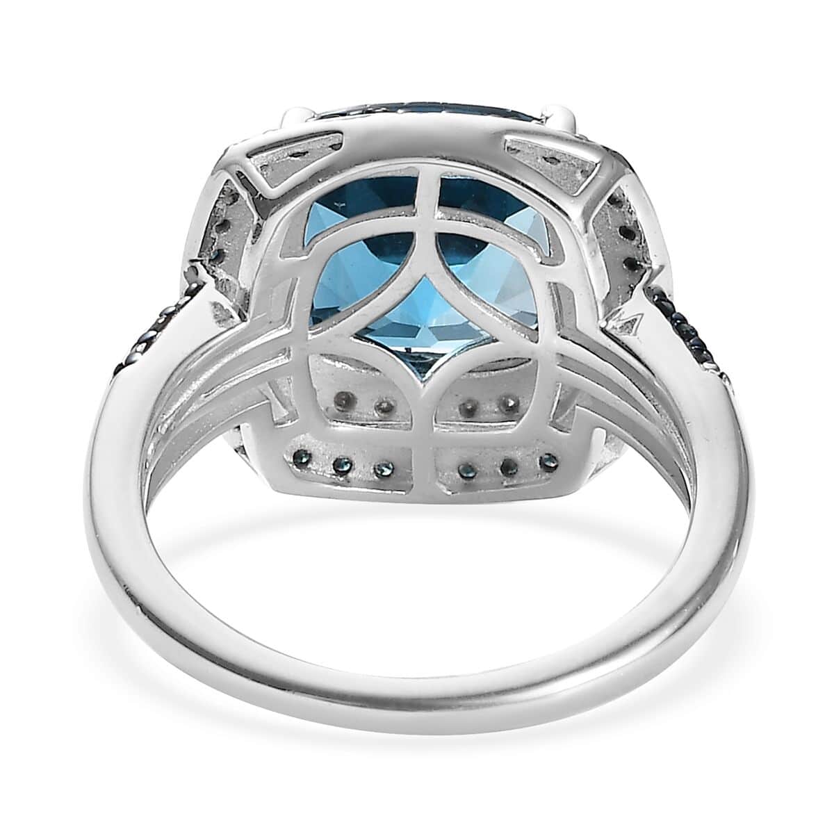 Blue Topaz Blue Diamond Cushion 925 Sterling Silver Platinum Plated Cocktail Ring Size 9 M747