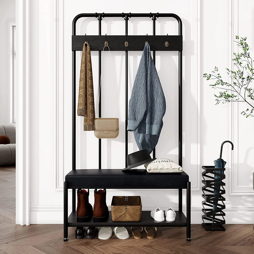 Black Freestanding Hall Tree with Storage Shelves T117