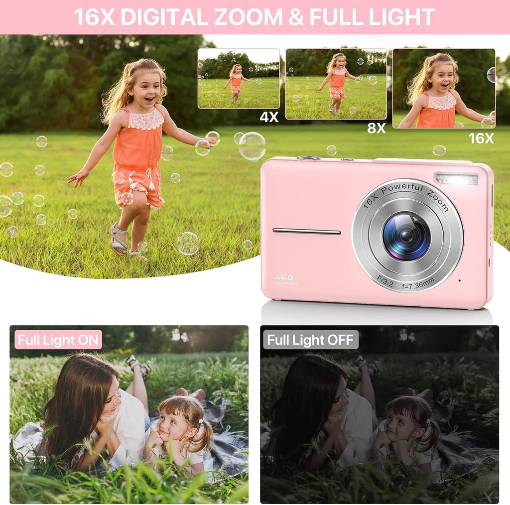 Black 1080P 44MP Kids Digital Camera with 16X Zoom W7228