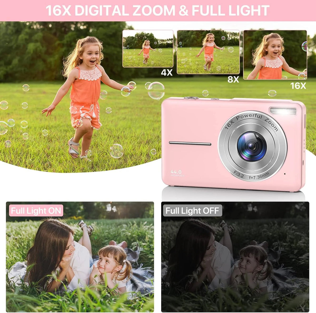 Black 1080P 44MP Kids Digital Camera with 16X Zoom W7228
