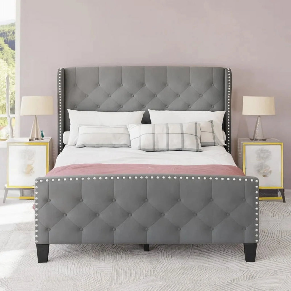 Queen Size Grey Velvet Upholstered Platform Bed Frame L575469