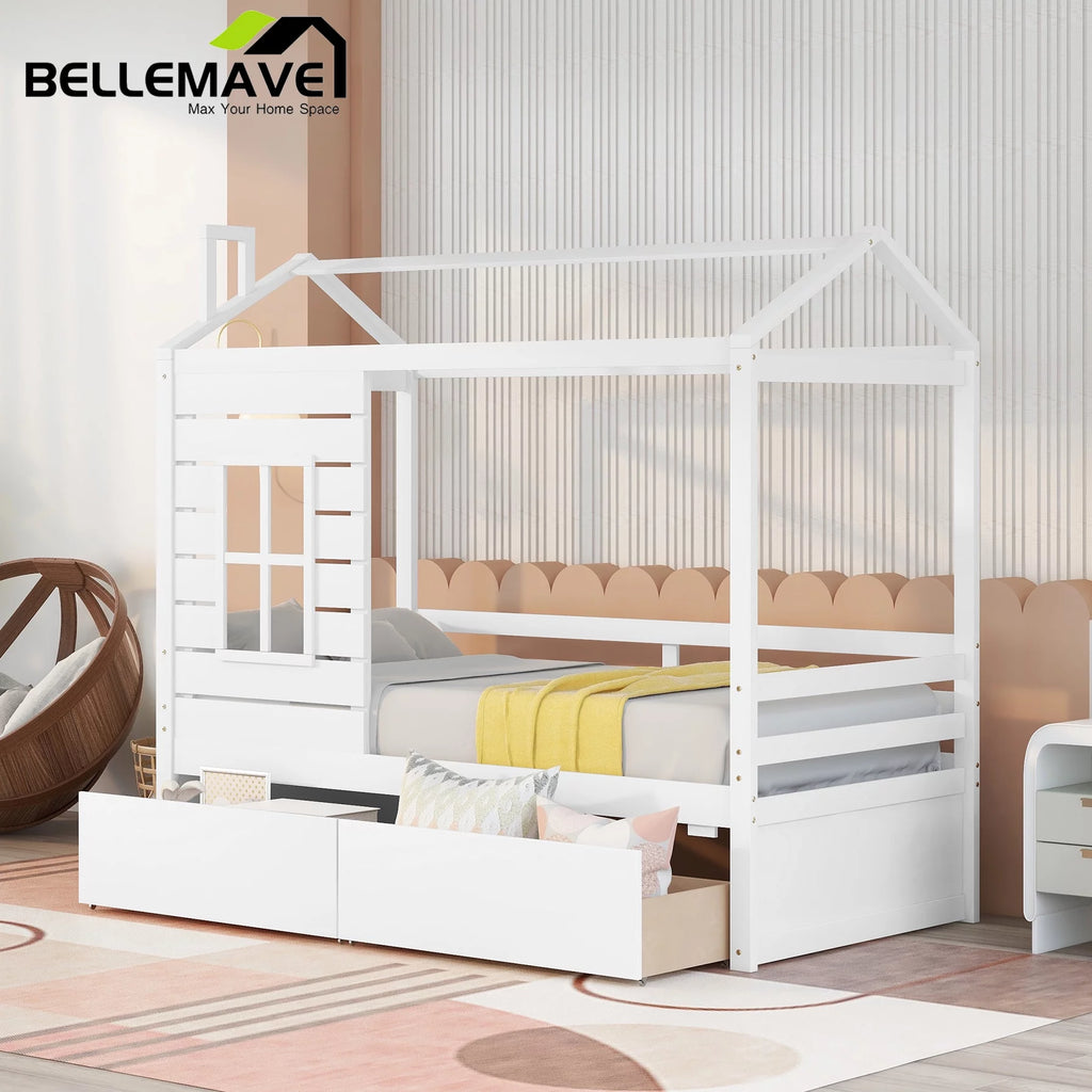 White Twin Size Wooden House Bed with Drawers and Guard Rails Z78244
