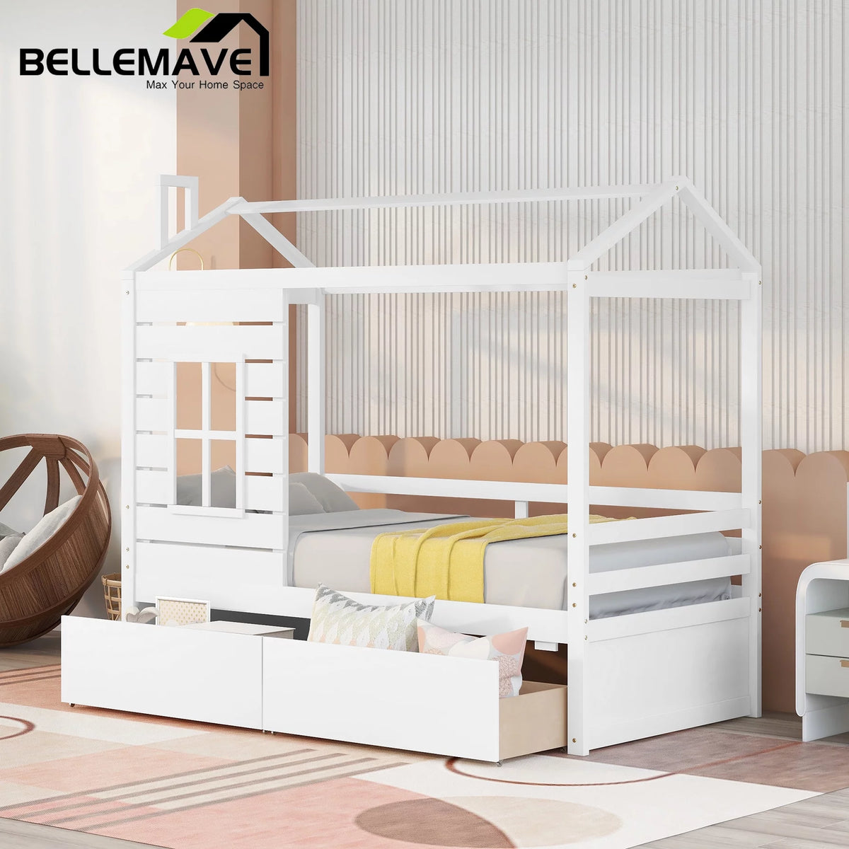 White Twin Size Wooden House Bed with Drawers and Guard Rails Z78244
