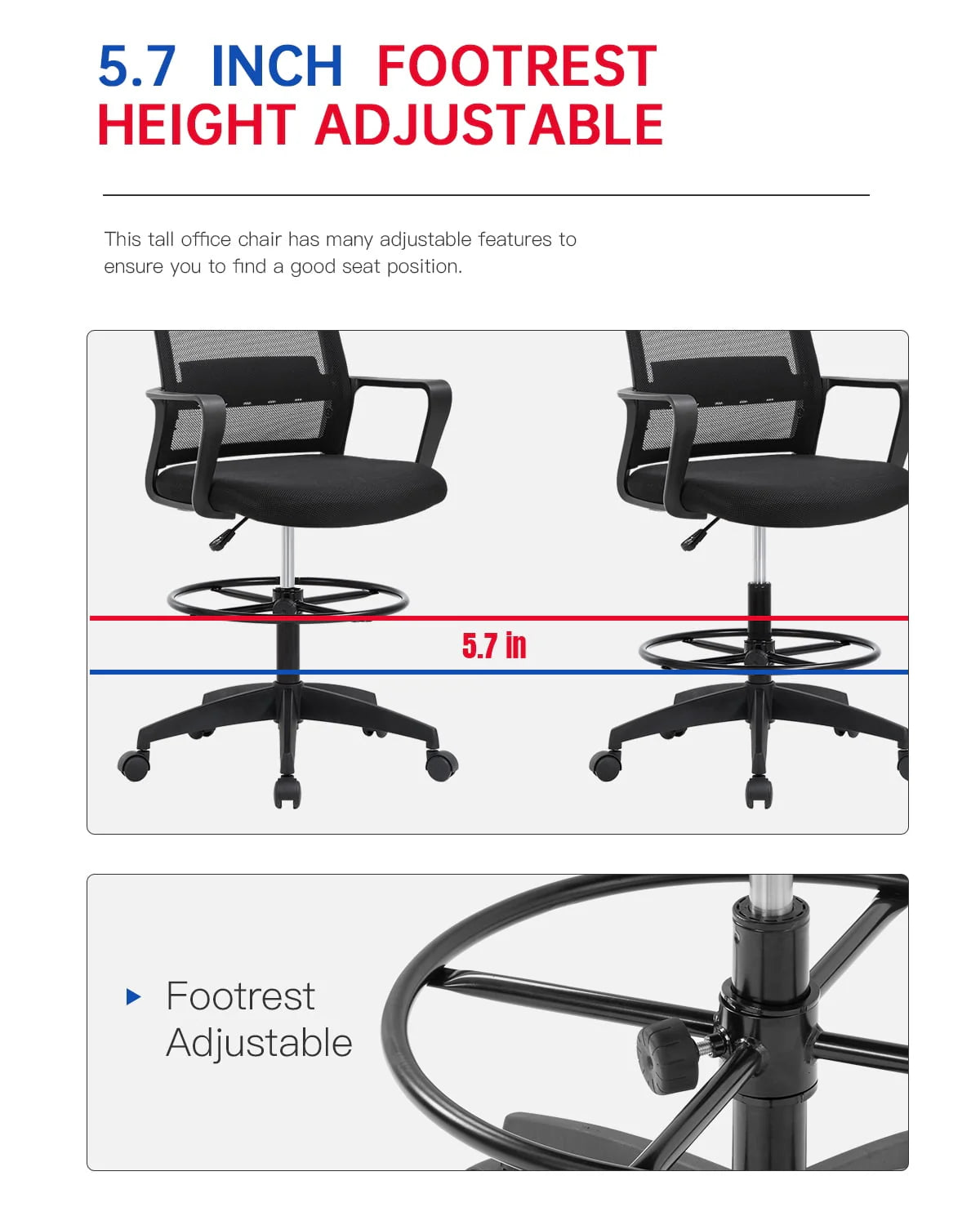Black Adjustable Mesh Drafting Chair with Lumbar Support V497637