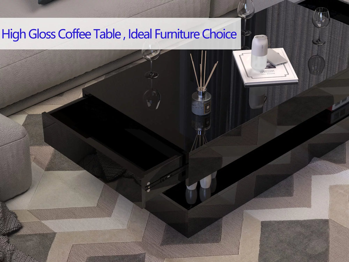 LED Coffee Table with 2 Storage Drawers, High Gloss Black Z570