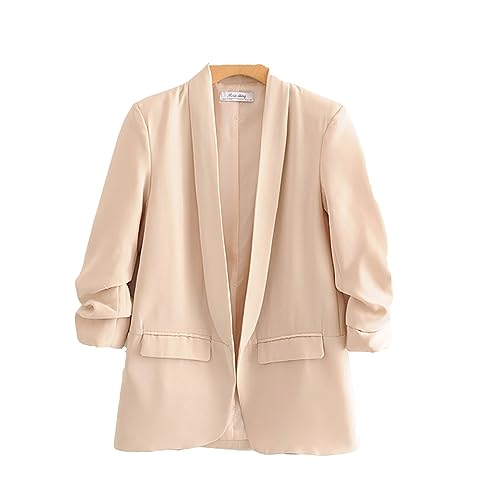 Women's Solid Ruffle 3/4 Sleeve Cardigan Jacket with Pockets G48365