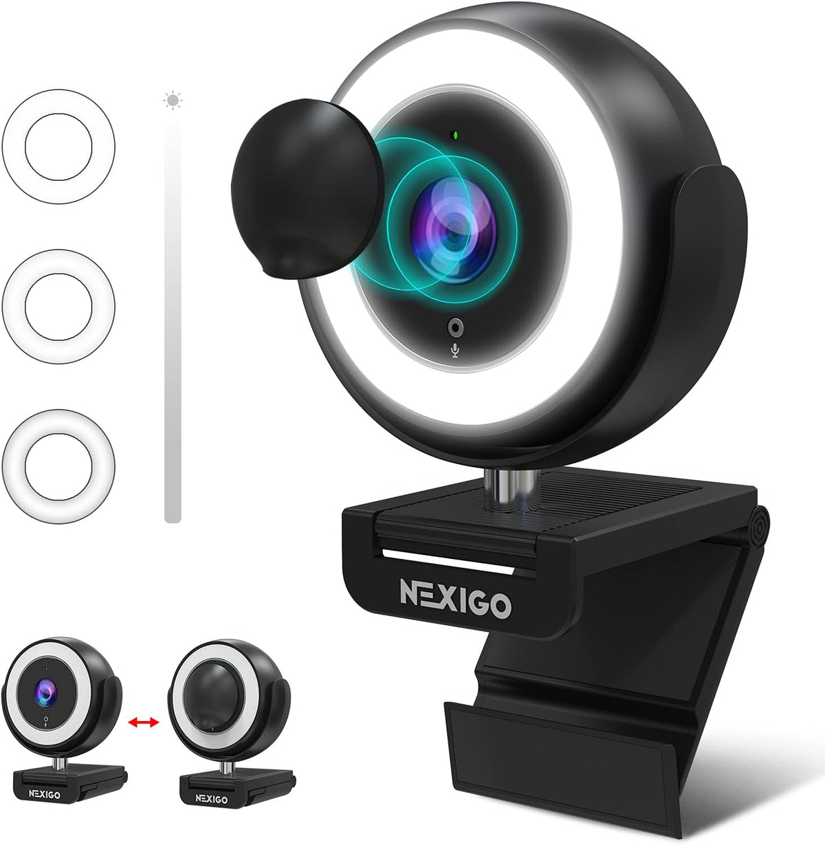 1080P Webcam with Ring Light, Privacy Cover, Noise Reduction Mics, Black S73776