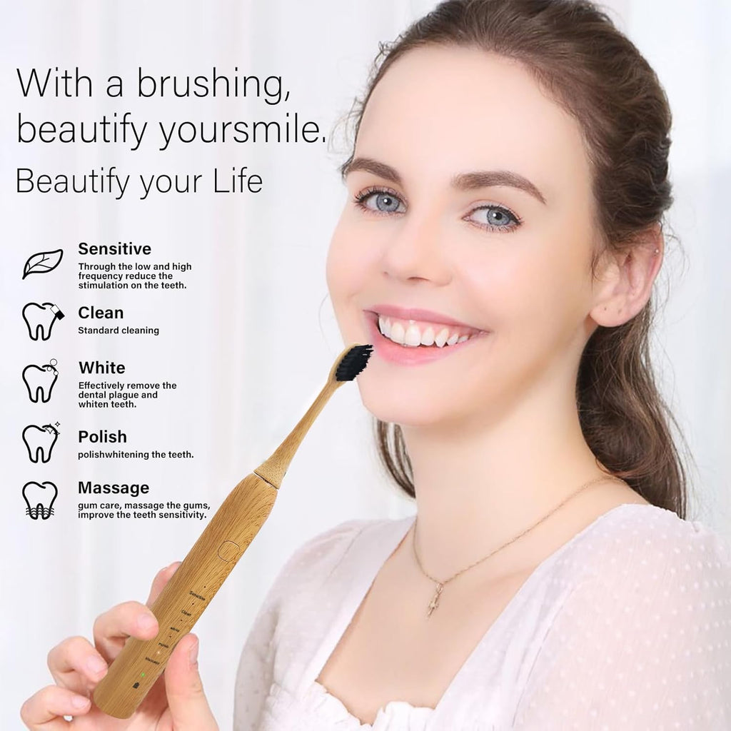 Bamboo Electric Toothbrush 5 Cleaning Modes Sonic Toothbrush Replacement Heads with Plant-Based Bristle 4 Pack E4805