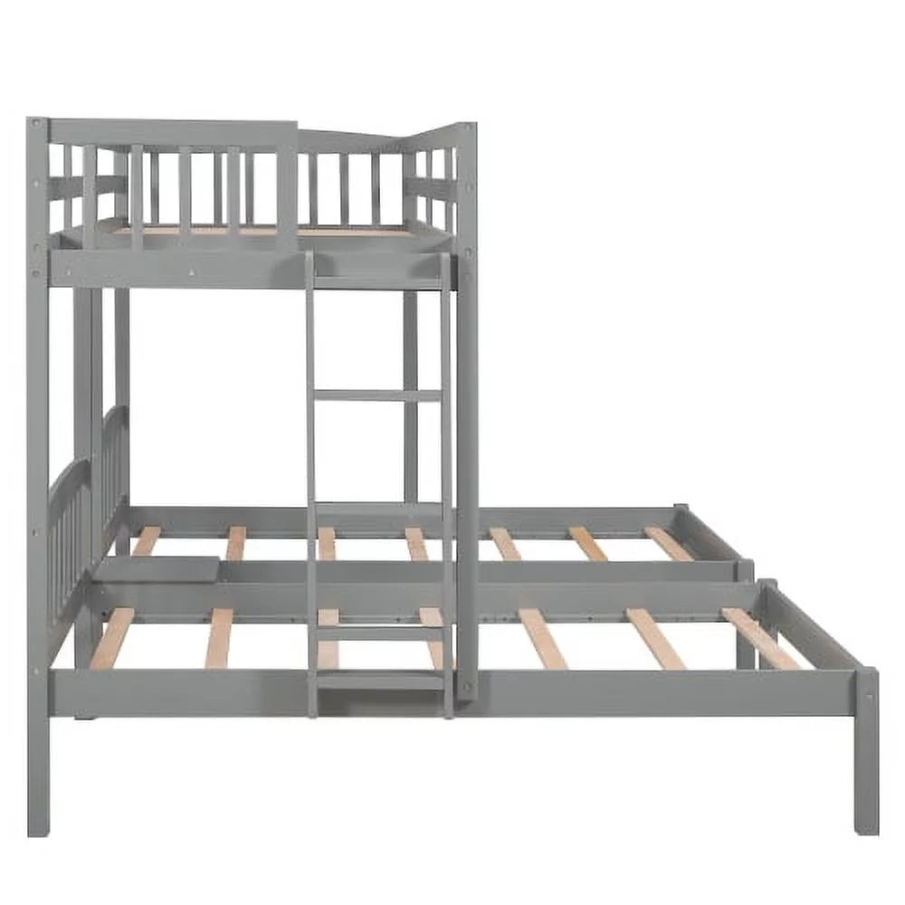 Triple Twin Solid Wood Bunk Beds with Guardrail and Ladder and Built-in Middle Drawer T61361