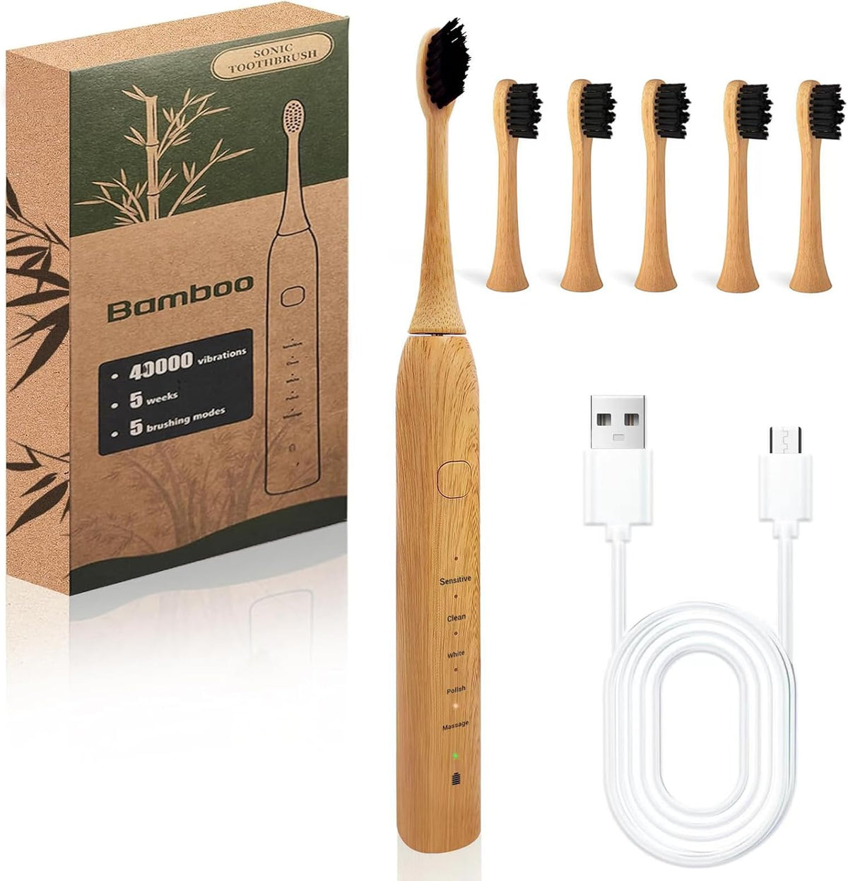 Bamboo Electric Toothbrush 5 Cleaning Modes Sonic Toothbrush Replacement Heads with Plant-Based Bristle 4 Pack E4805