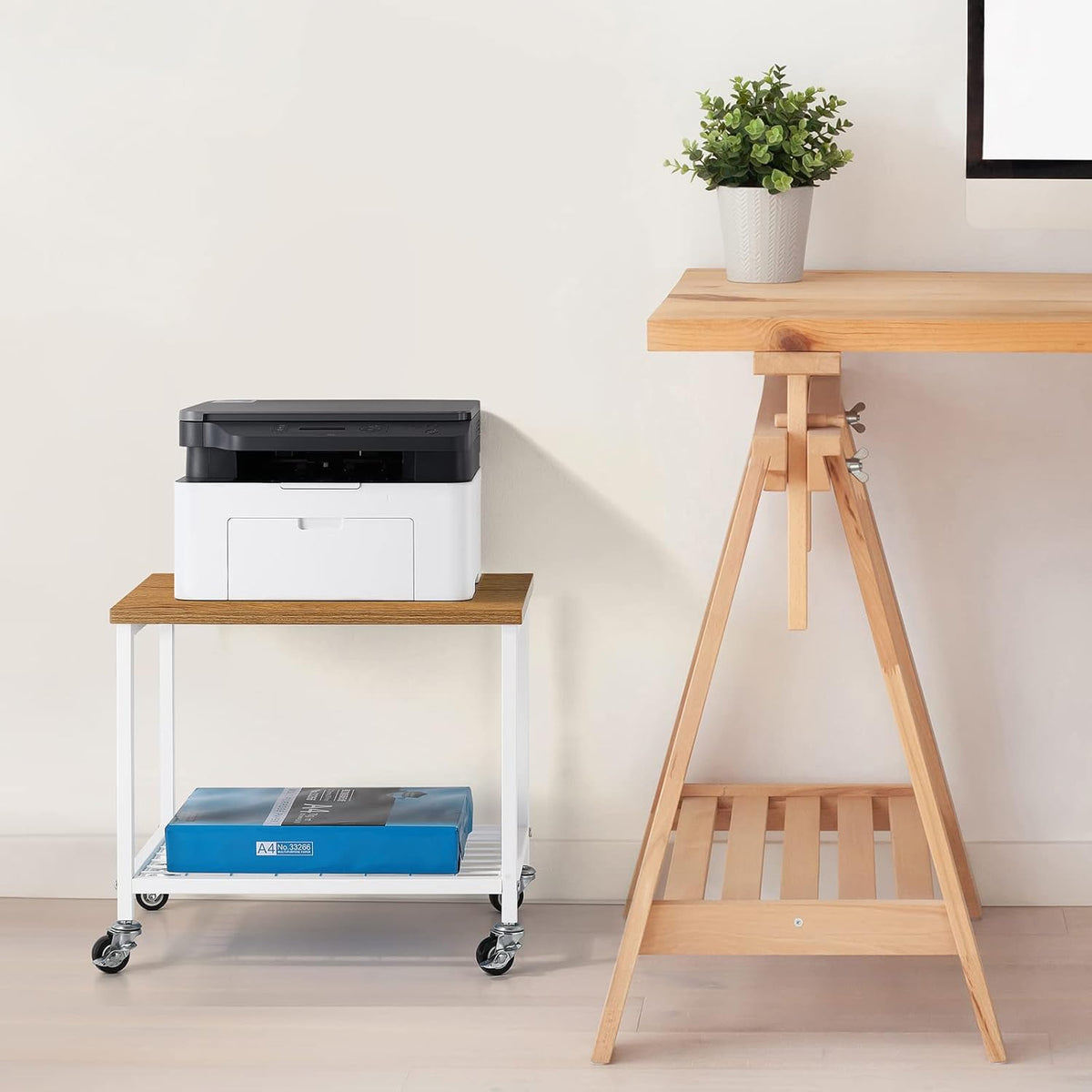 Rustic Brown and Black 2 Tier Printer Stand with Lockable Casters O3527
