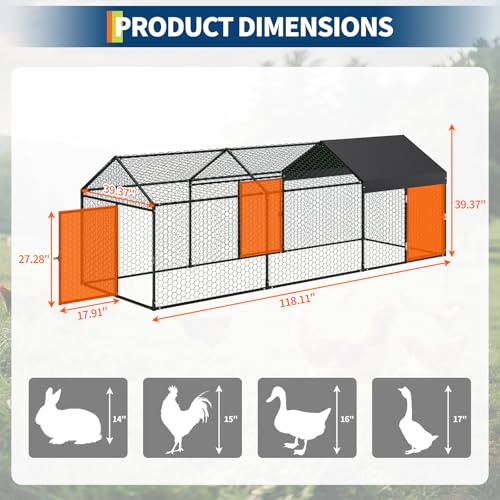 Metal Chicken Coop with Waterproof Cover, 160" x40" x40", 4 Doors A3336