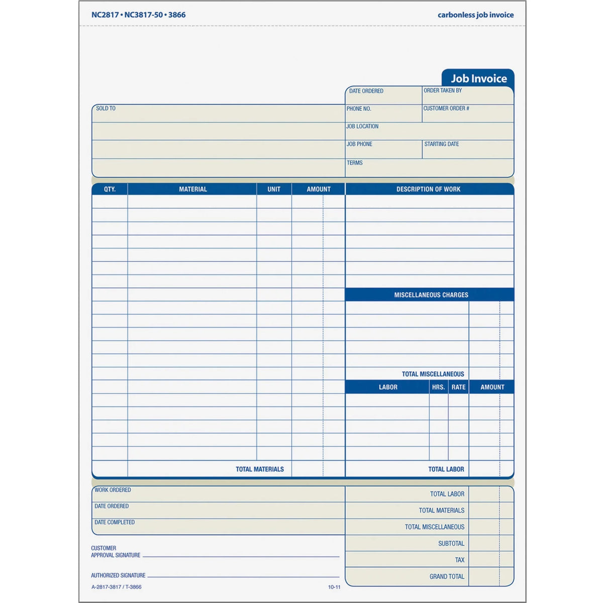 Three-Part Carbonless Job Invoice Forms, 50 / Pack V900