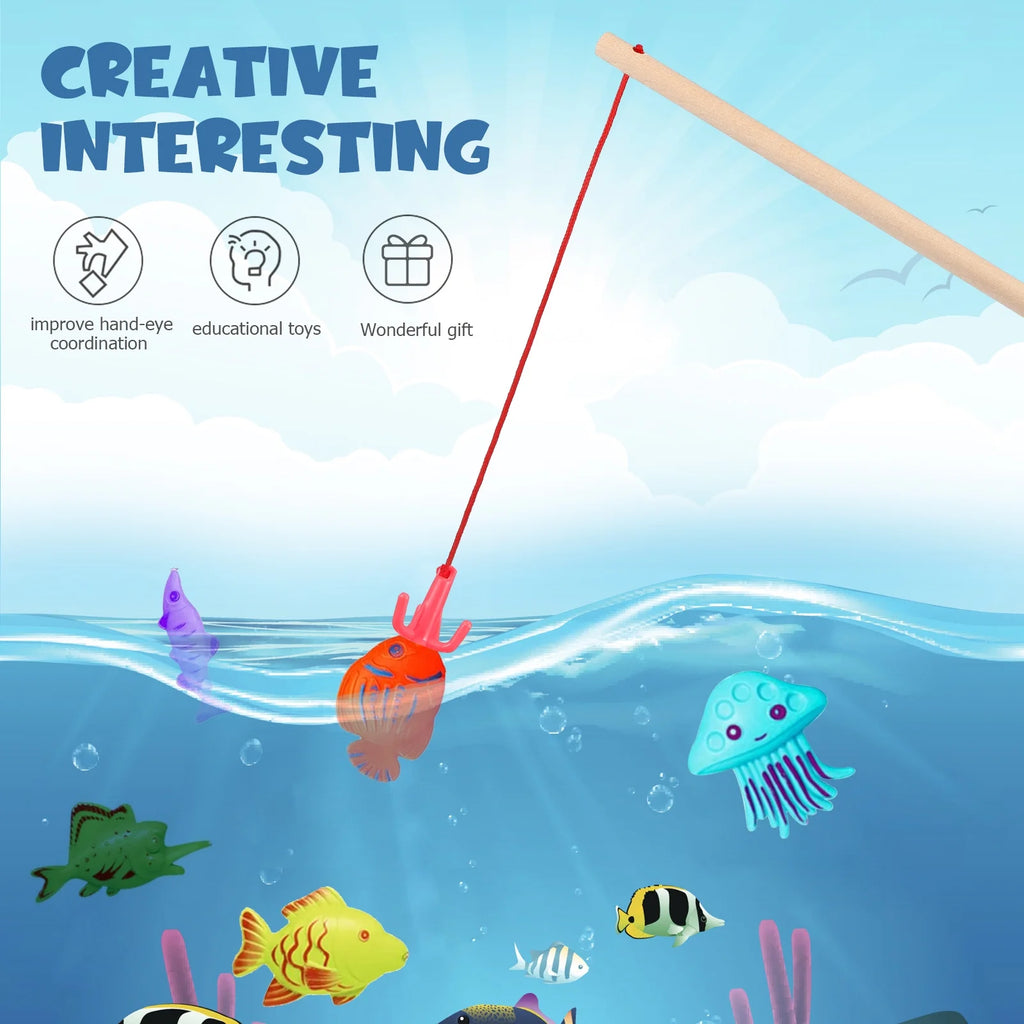 8 Pcs Magnetic Fishing Poles Wooden Fishing Rods Fishing Game Tools Early Educational Plaything K392081