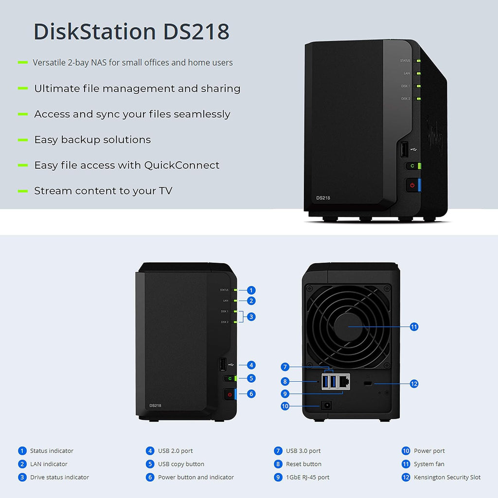 2 Bay NAS DiskStation DS218 Diskless with 2 WD Red Pro 4TB Hard Drives 7200 Class T597