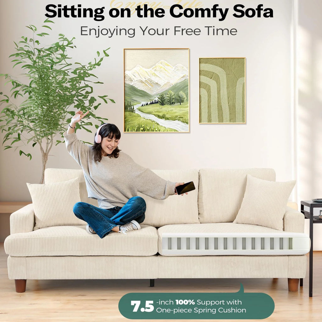 Beige 87" Corduroy 3 Seater Sofa with 2 Pillows H19363
