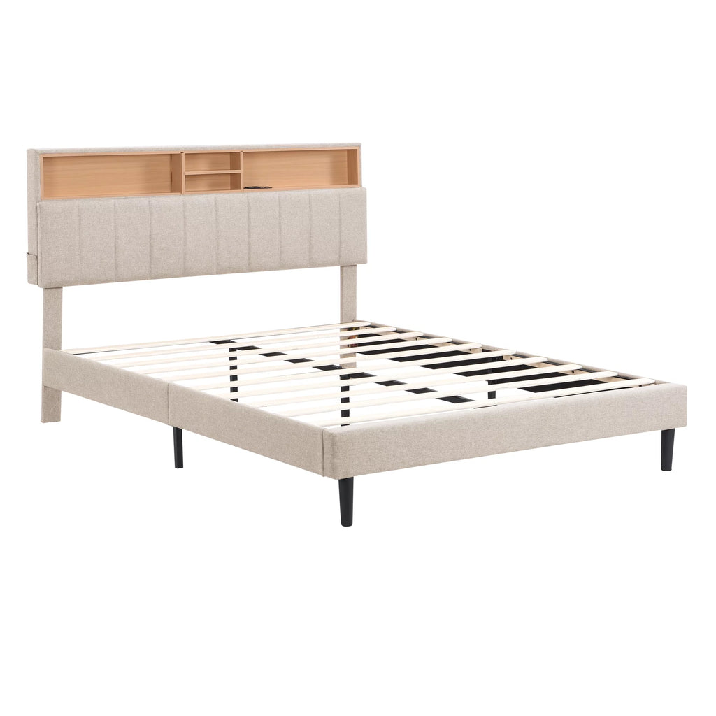 Queen Size Beige Linen Platform Bed with Storage Headboard and USB Port L12254