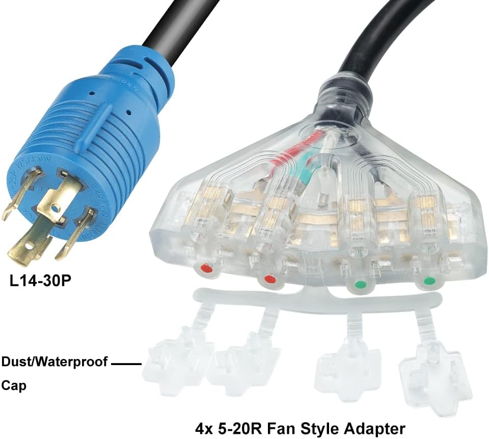 25 Feet 30 Amp 10 Gauge 4 Prong Generator Extension Cord 125/250V 7500W Pack of 2 E745829
