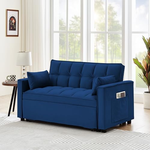 Beige Velvet Convertible Sofa Sleeper with Detachable Arm Pockets D621