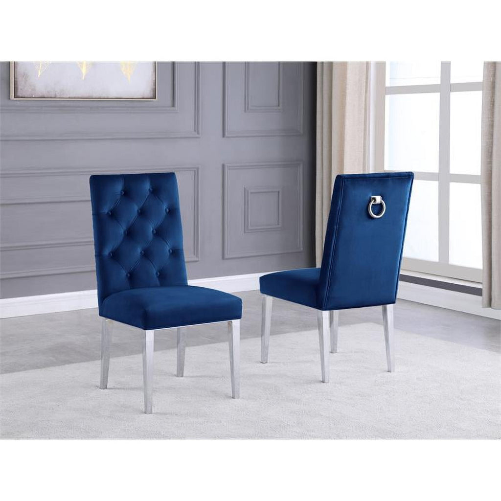 Navy Blue Velvet Tufted Side Chairs with Silver Chrome Legs Set of 2 V2675
