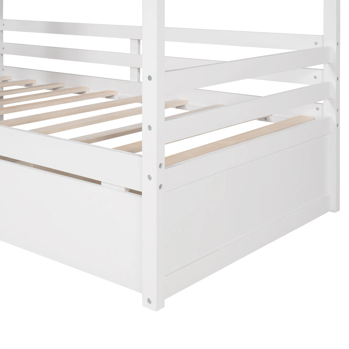 White Twin Size Wooden House Bed with Drawers and Guard Rails Z78244