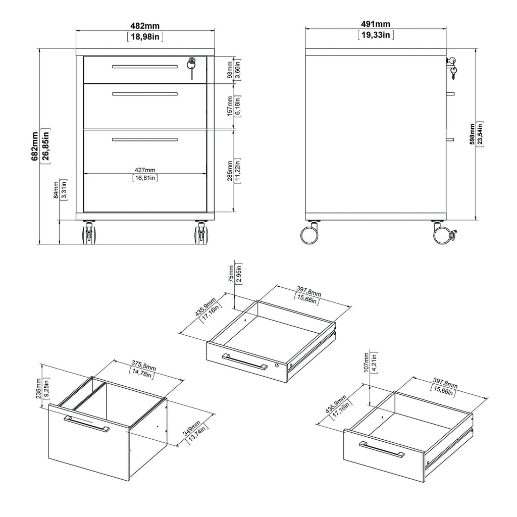 White 3 Drawer Mobile File Cabinet M4129