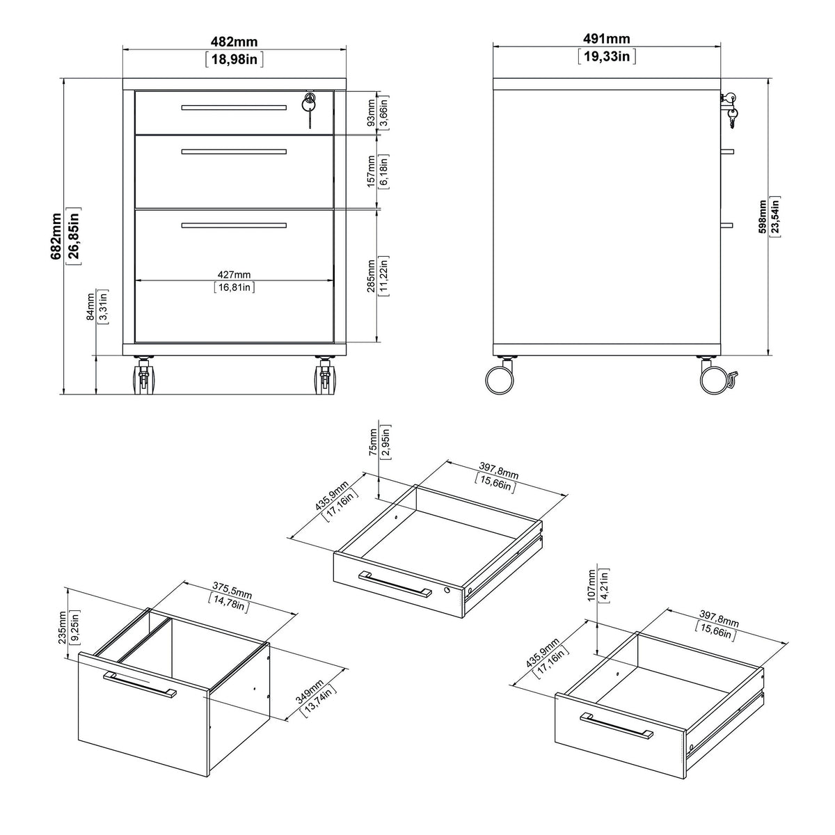 White 3 Drawer Mobile File Cabinet M4129
