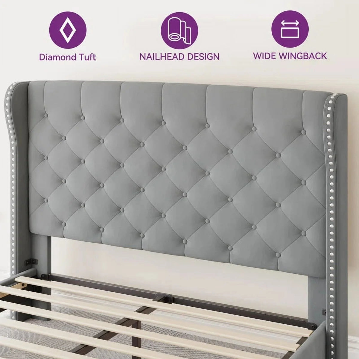 Queen Size Grey Velvet Upholstered Platform Bed Frame L575469