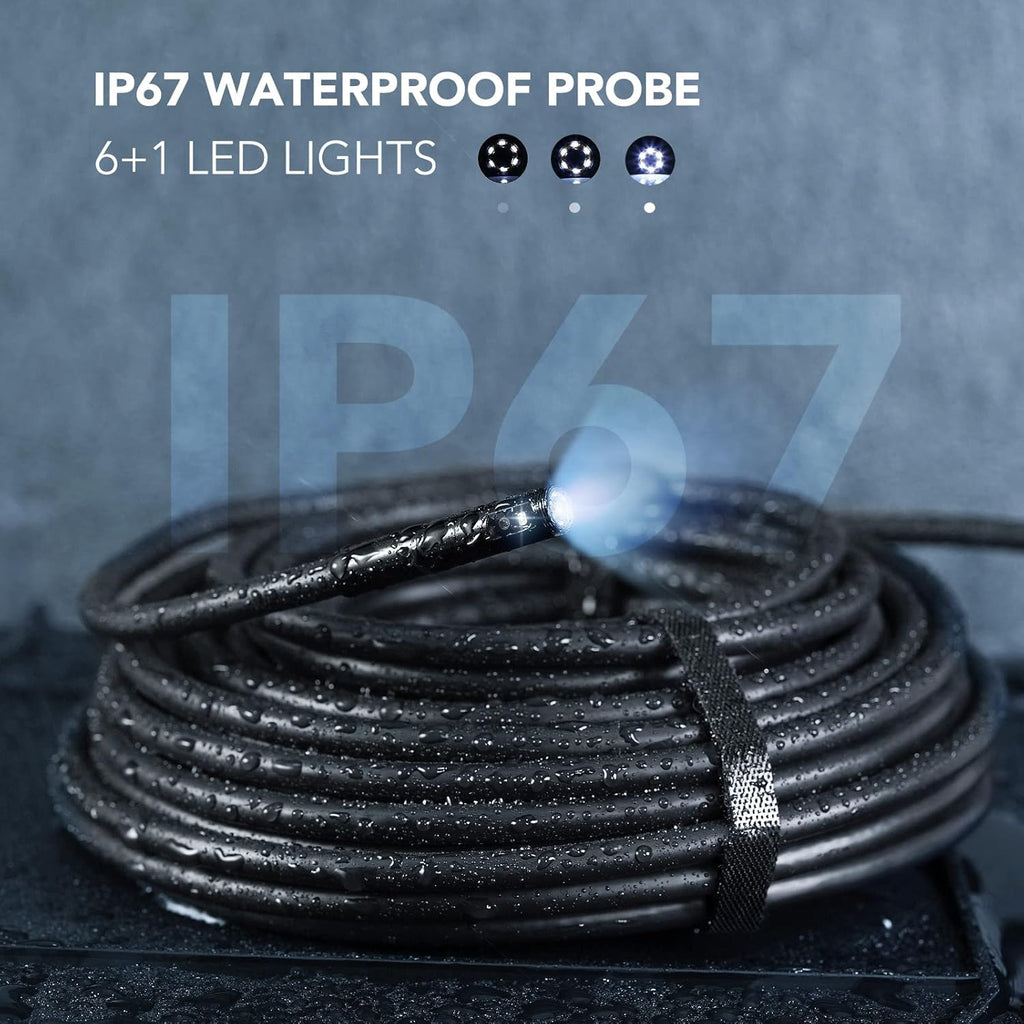Dual Lens Endoscope with 50FT Semi-Rigid Cable, 1080P Borescope Inspection Camera, 7.9mm, IP67 Waterproof, 7 LED Lights Z5205