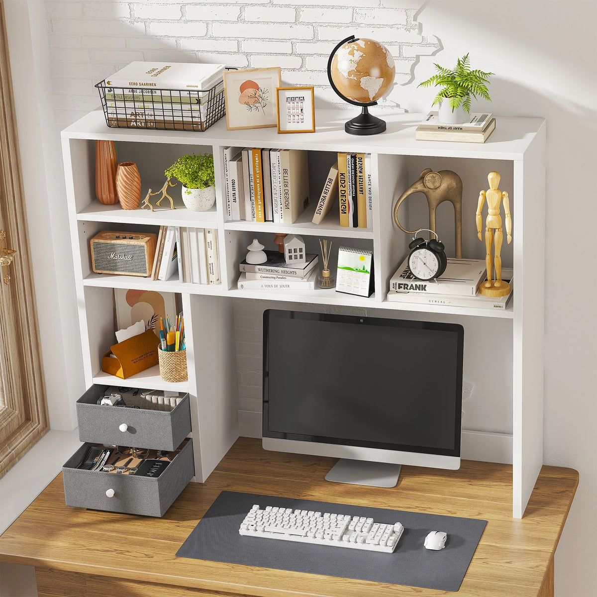 White Wood Desktop Bookshelf with 8 Shelves and 2 Drawers B58601