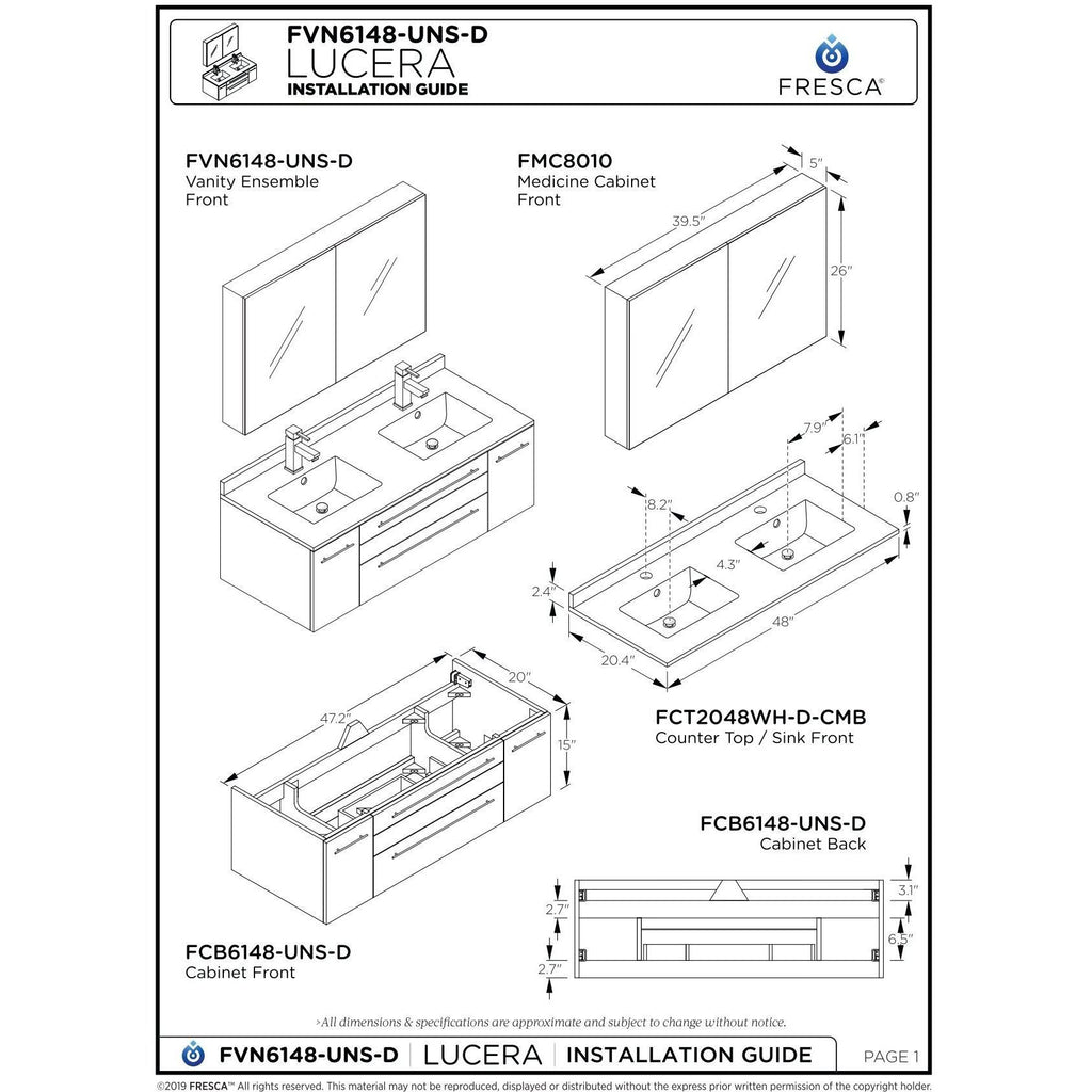 White 48x22 Wall Hung Double Undermount Sink Bathroom Cabinet G46498