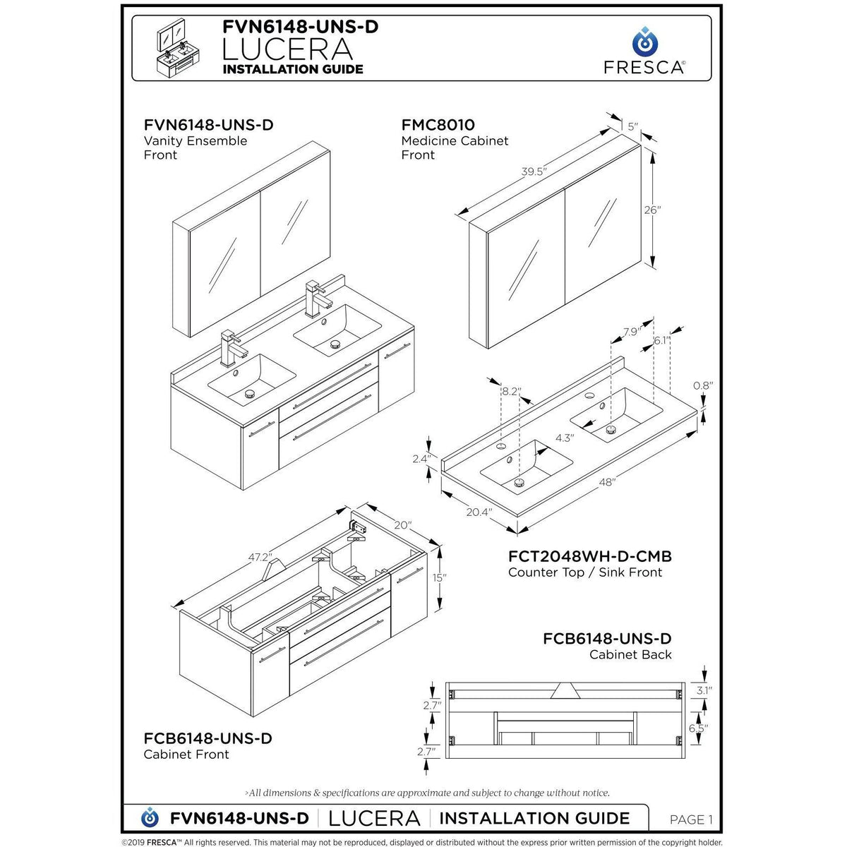White 48x22 Wall Hung Double Undermount Sink Bathroom Cabinet G46498