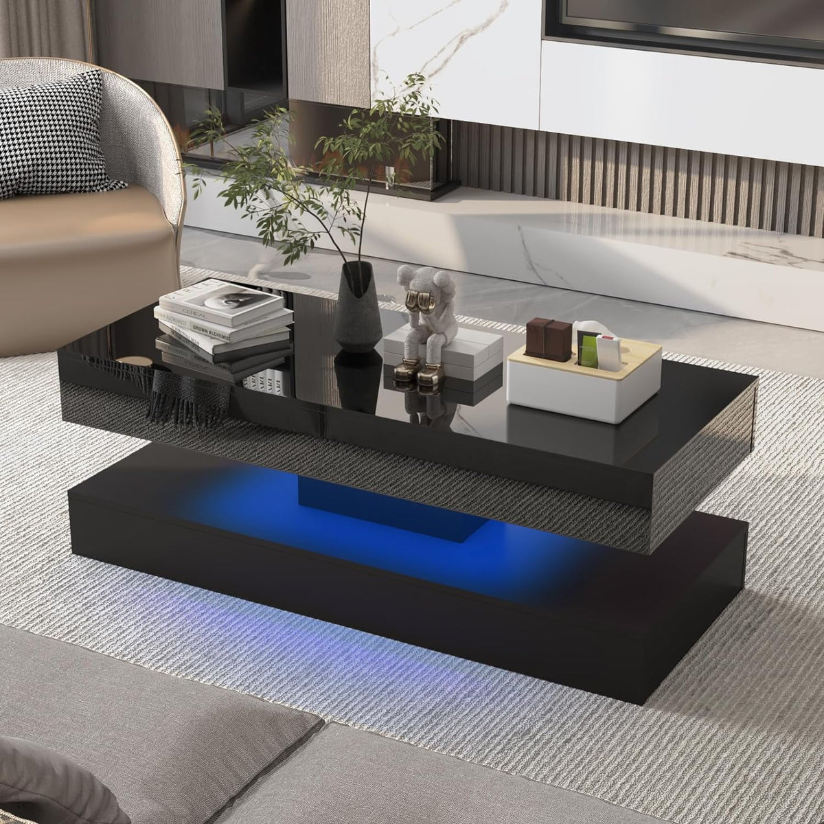 LED Coffee Table with 2 Storage Drawers, High Gloss Black Z570