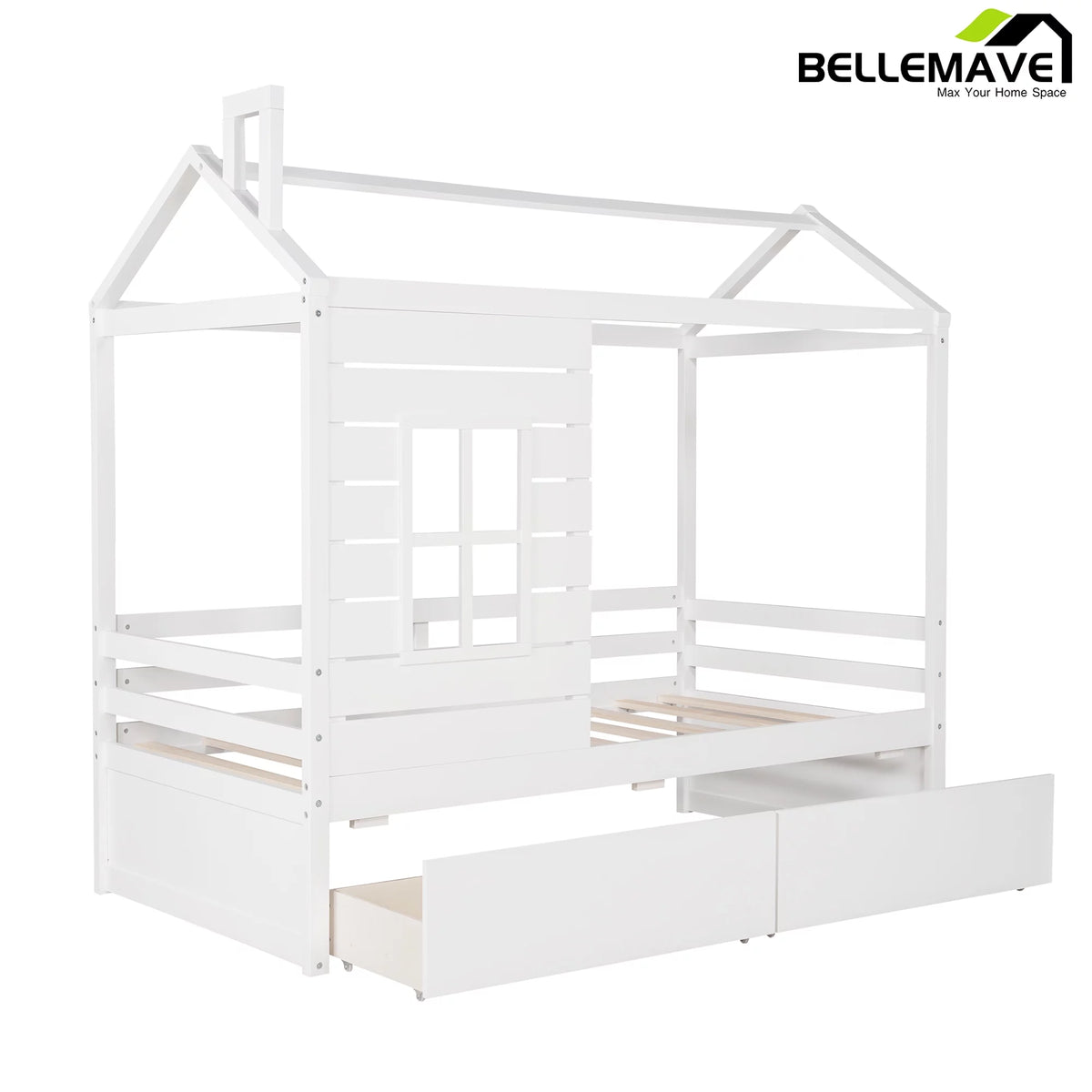 White Twin Size Wooden House Bed with Drawers and Guard Rails Z78244
