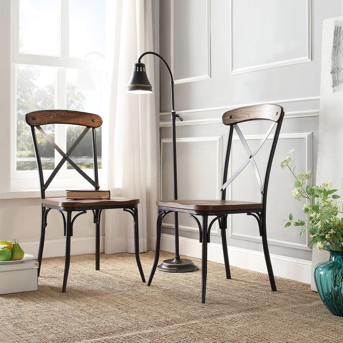 Metal Frame Dining Side Chairs, Set of 2, Brown and Ash E275
