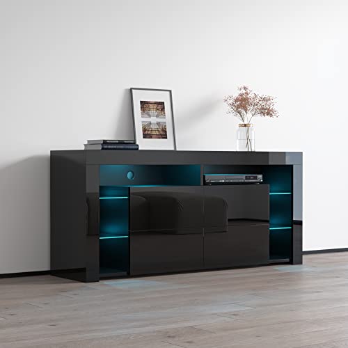 Modern High Gloss 61" TV Stand with Storage Cabinets and LED Lights A7332