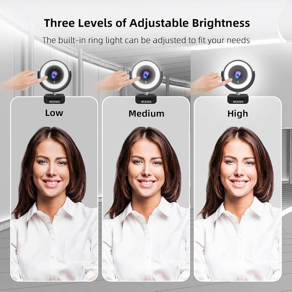 1080P Webcam with Ring Light, Privacy Cover, Noise Reduction Mics, Black S73776