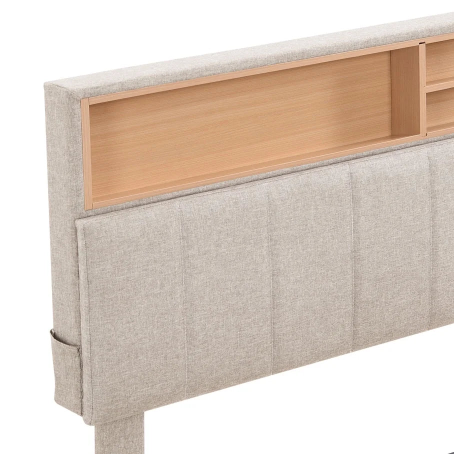Queen Size Beige Linen Platform Bed with Storage Headboard and USB Port L12254
