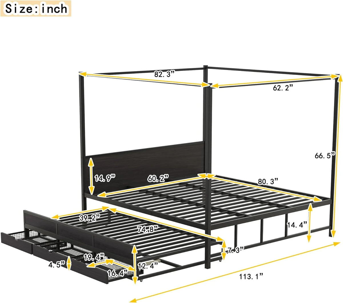 Queen Metal Canopy Bed Frame with Headboard and 3 Storage Drawers F23240