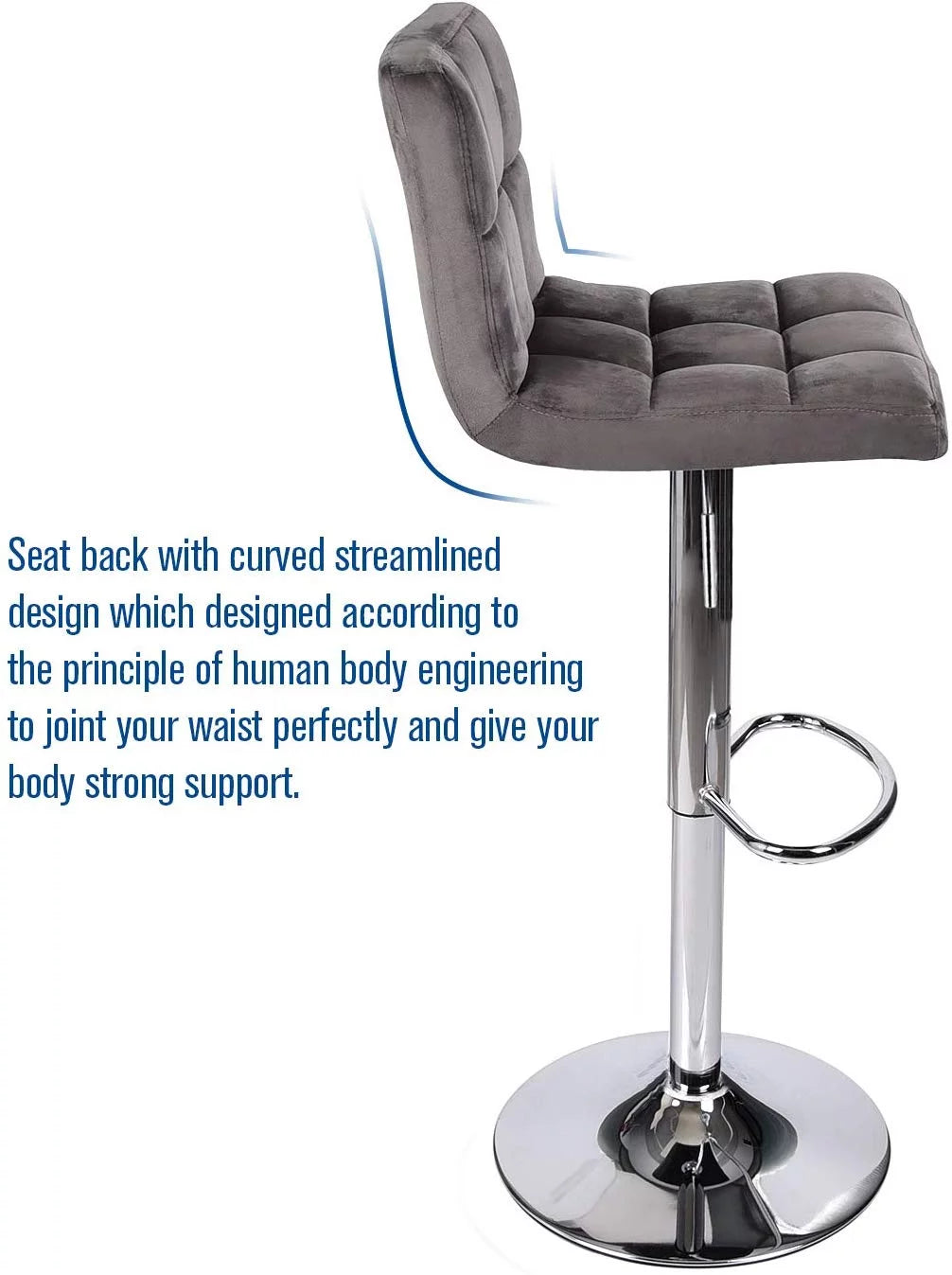 Set of 2 Gray Velvet Adjustable Swivel Bar Stool F6926