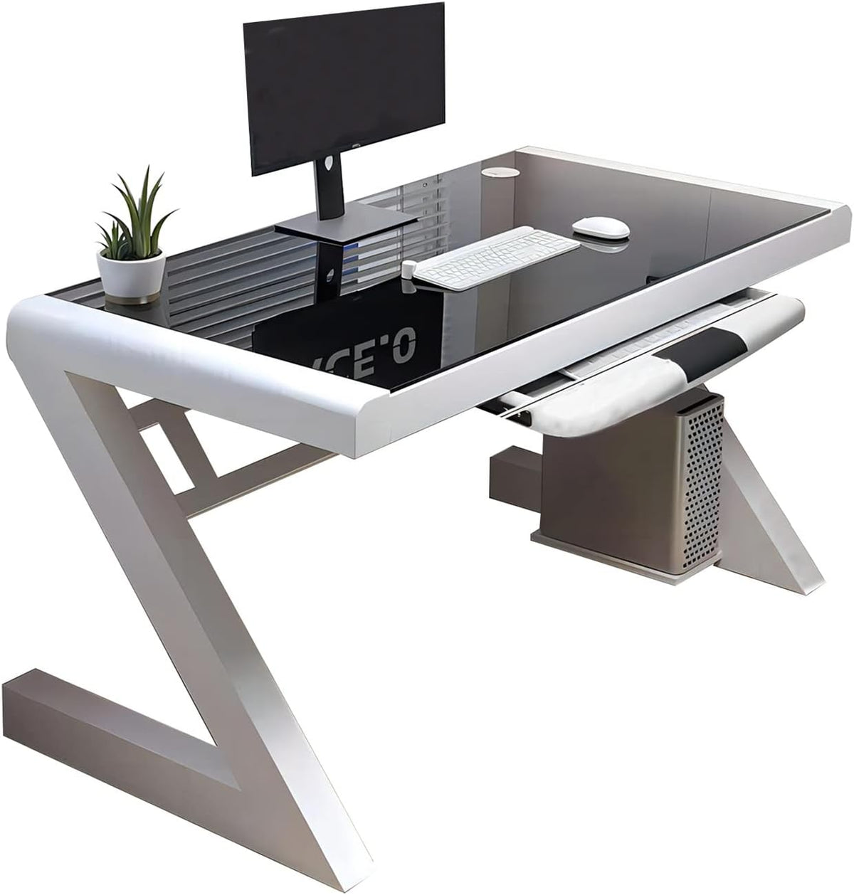 Black+White Tempered Glass Computer Desk with Keyboard Tray Q5776
