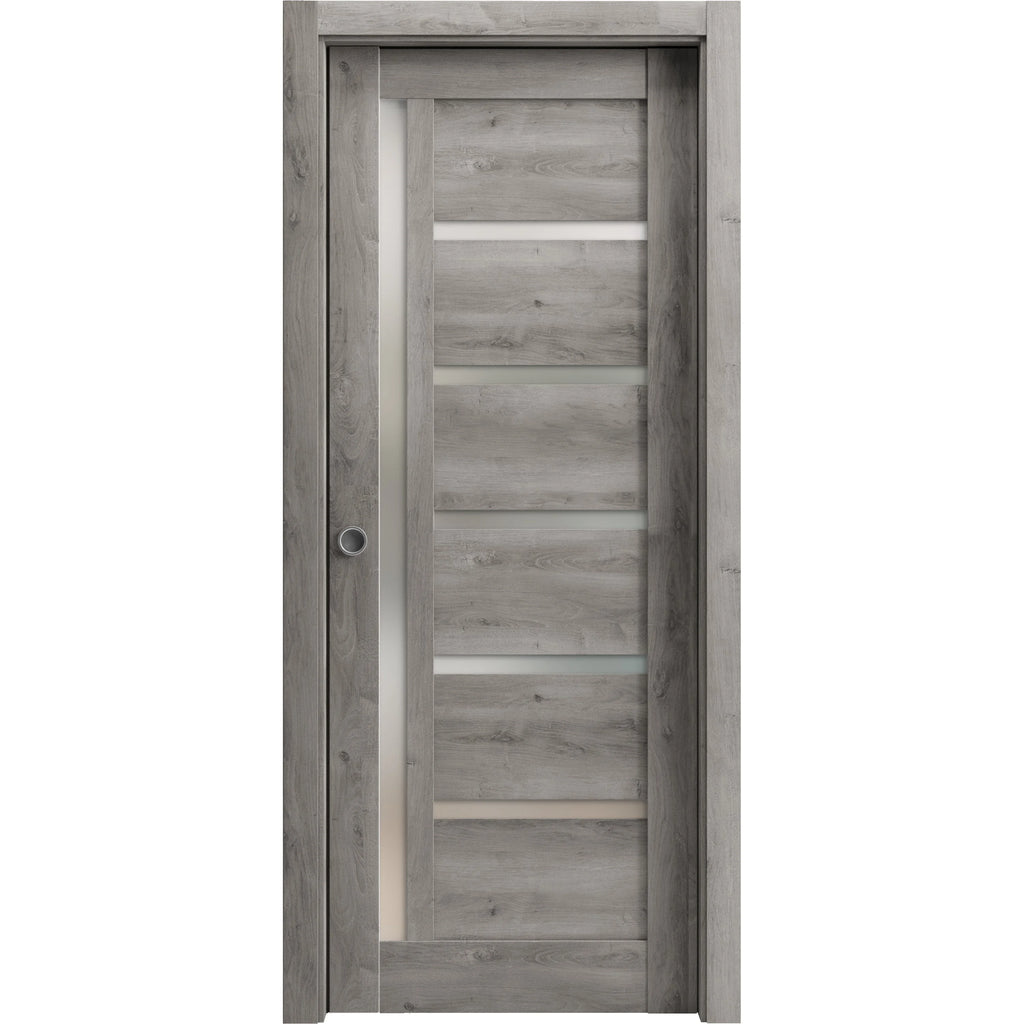 Sliding French Pocket Door 18 x 80 inches with Frosted Glass Solid Wood Interior Door E90326